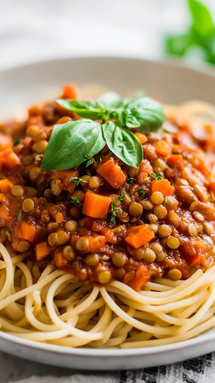 Vegan Bolognese sauce on pasta.
