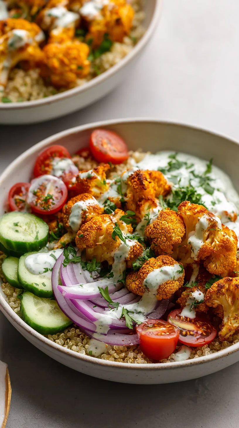 Roasted cauliflower and vegetables in a bowl.