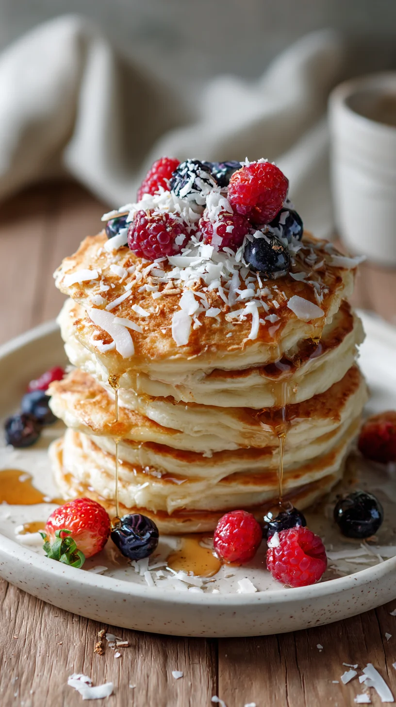 Stack of coconut cream pancakes.