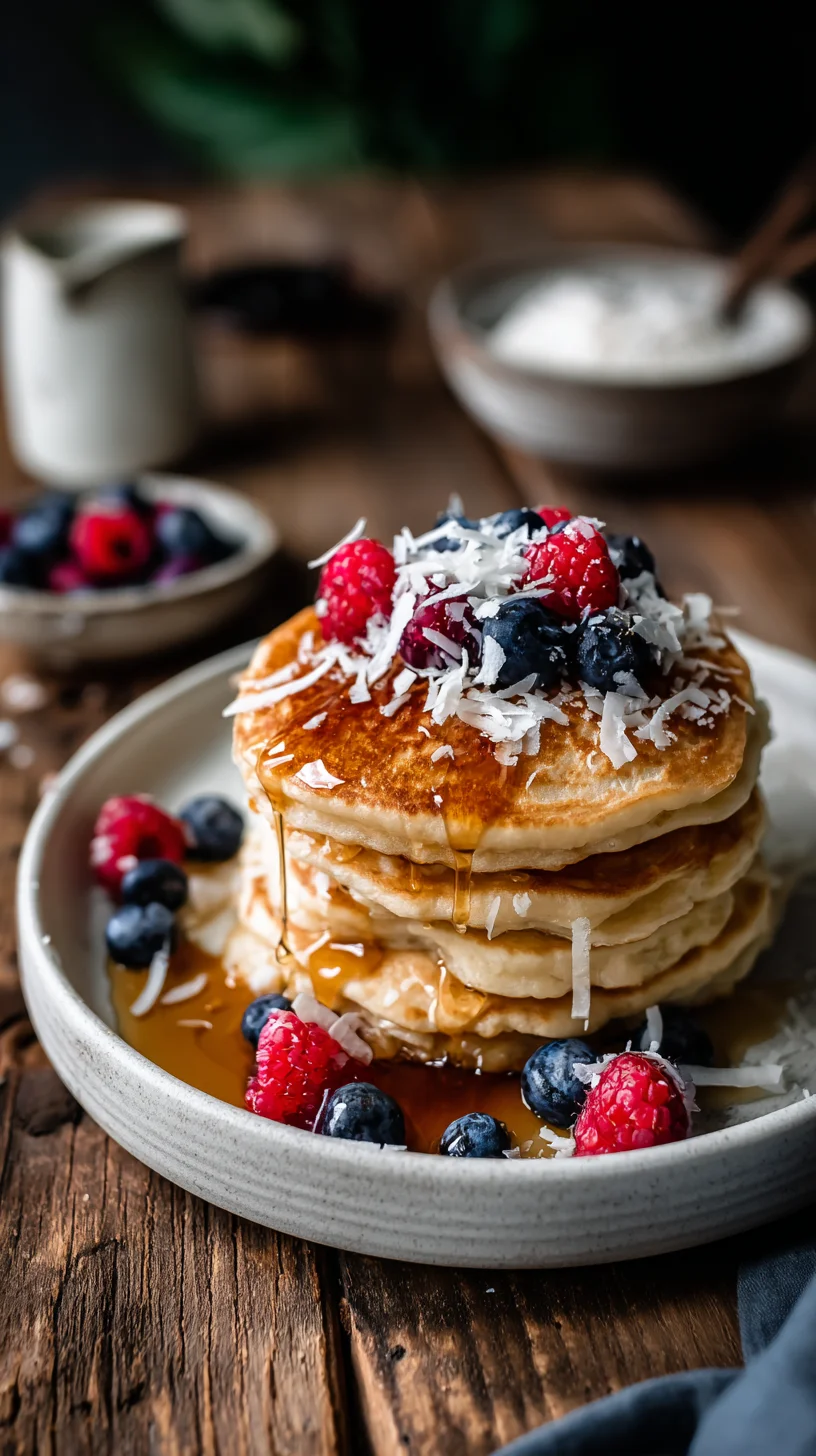 Fluffy coconut cream pancakes with berries.