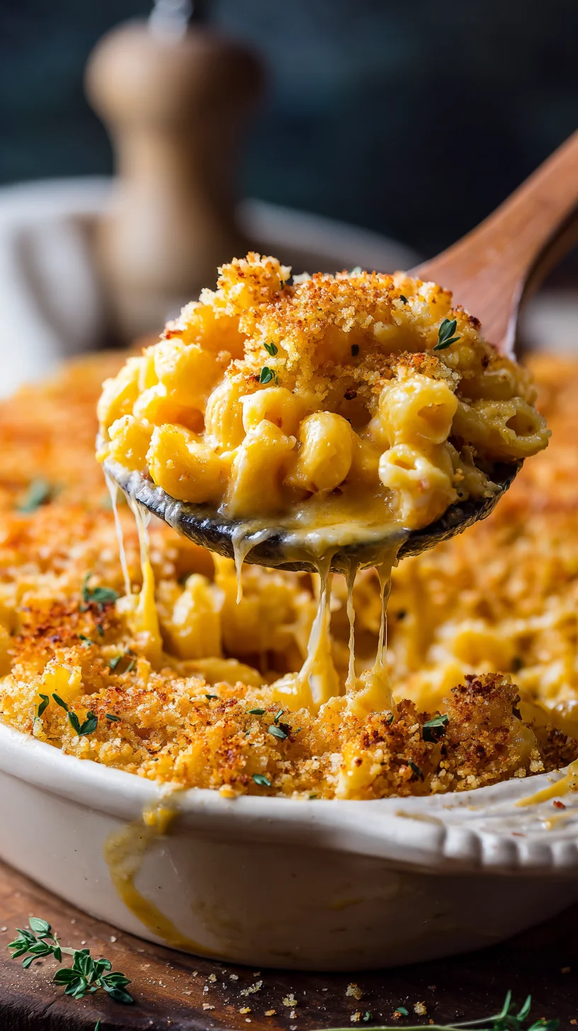 Close-up of golden butternut squash macaroni and cheese.