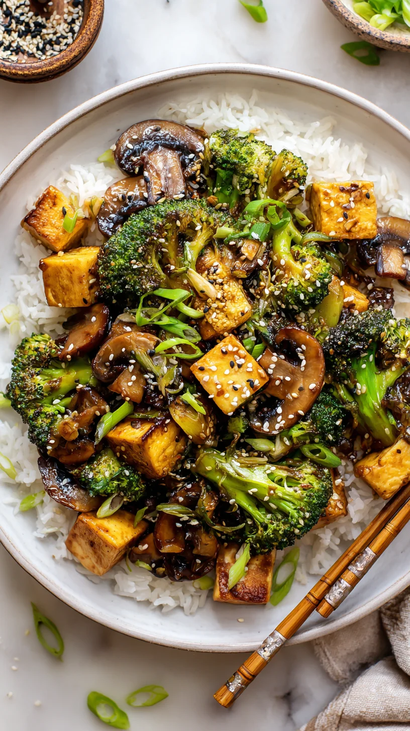 Plate of mushroom and tofu stir-fry