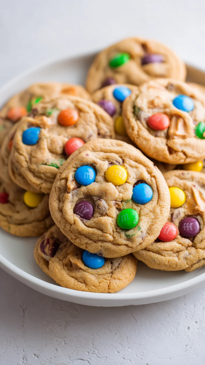 Close-up of a peanut butter cookie with colorful M&M candies Close-up of a peanut butter cookie with colorful M&M candies