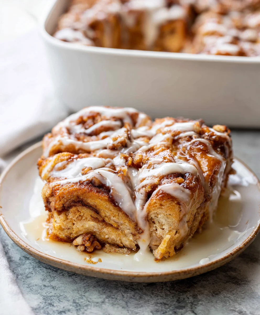 Sweet cinnamon roll French toast casserole with glaze.
