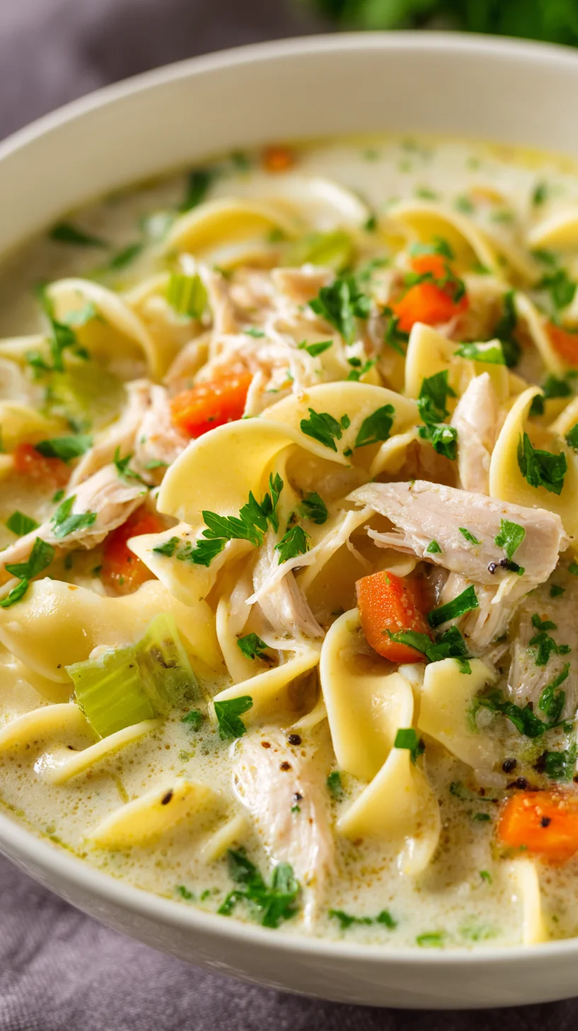 Bowl of creamy chicken noodle soup.