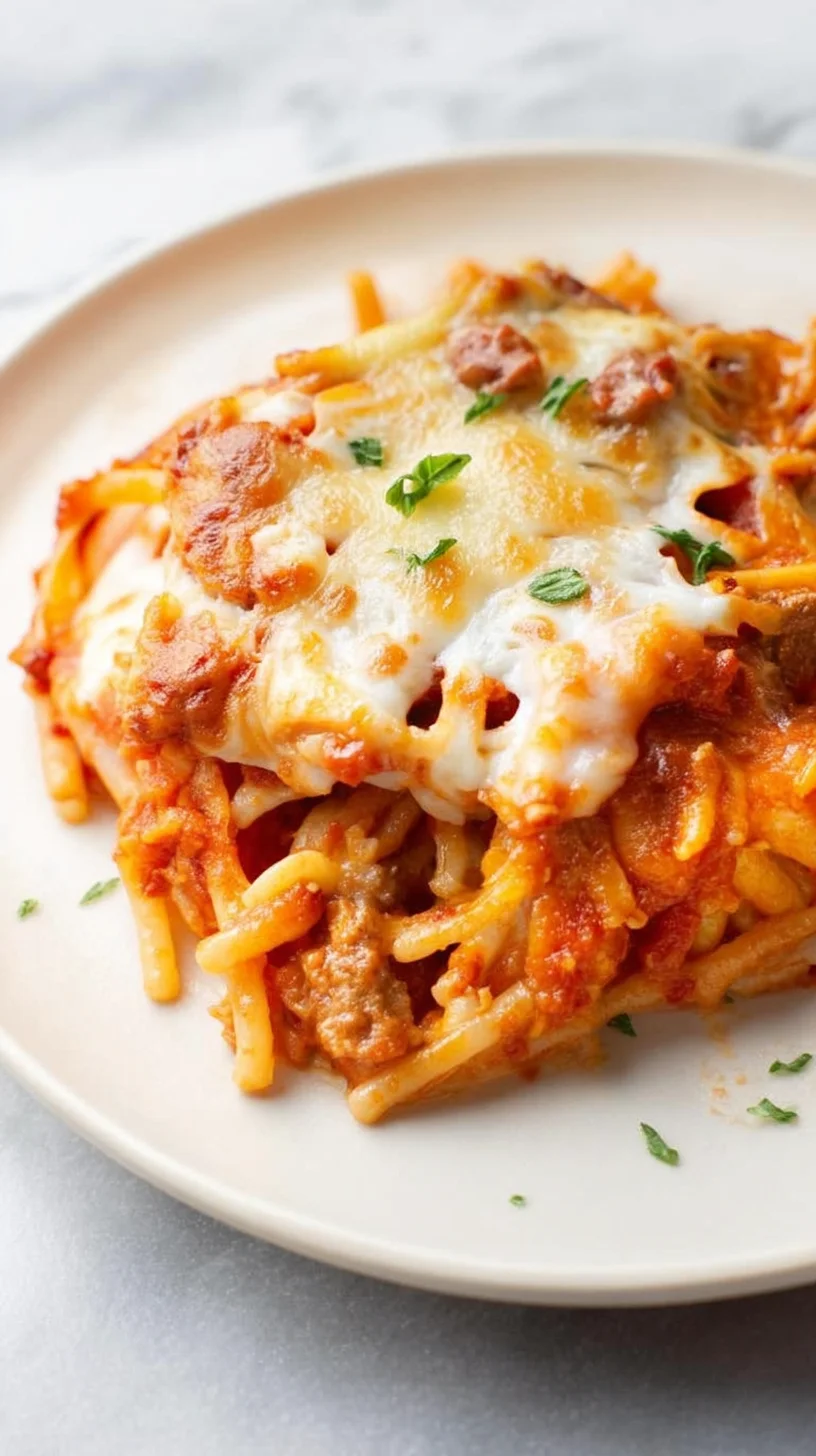 Rich baked spaghetti dish.