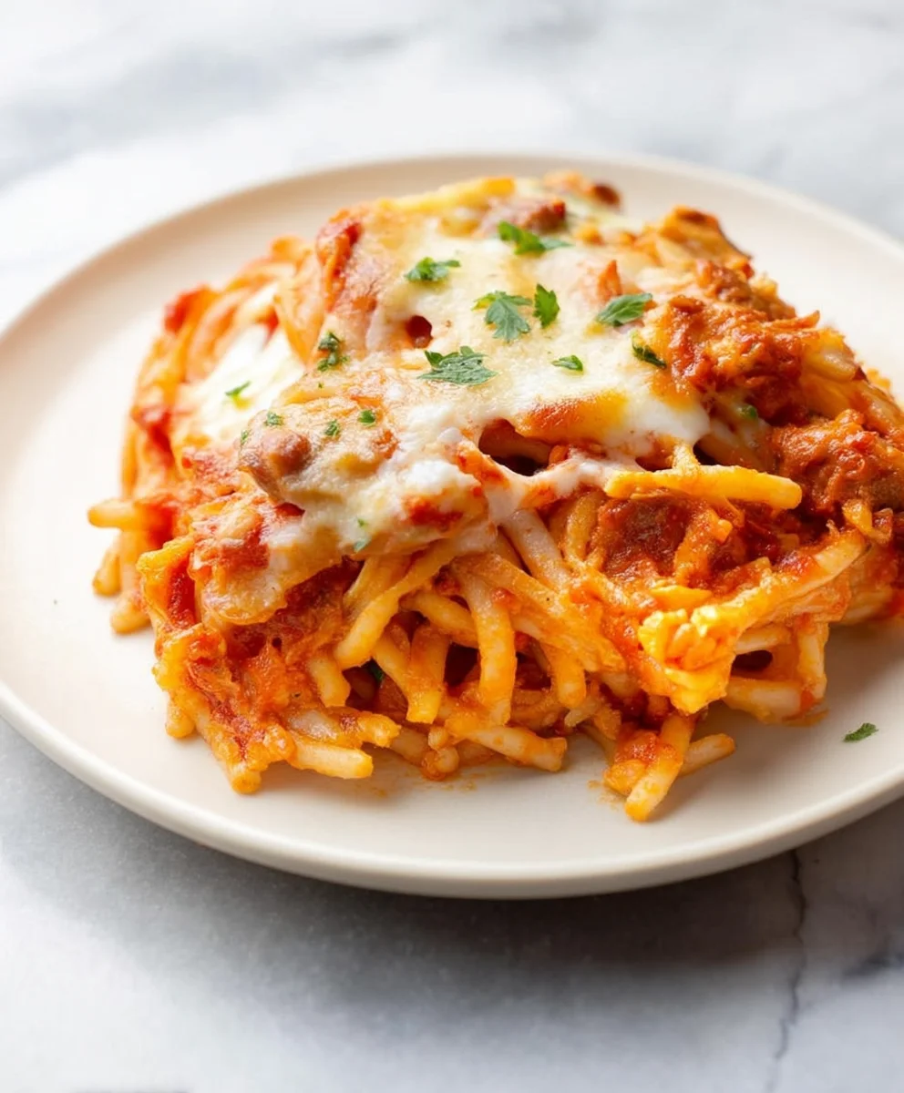 Cheesy spaghetti casserole.