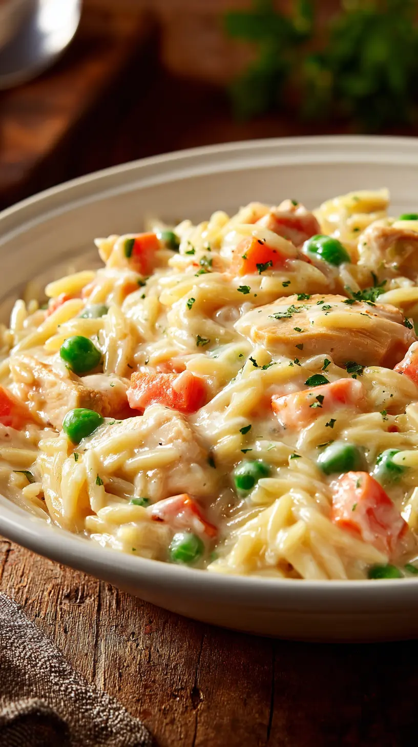 Serving suggestion for Creamy One-Pot Chicken Pot Pie Orzo — chicken pot pie orzo