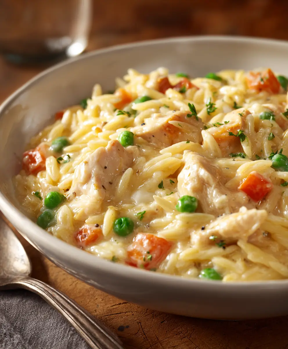 Creamy One-Pot Chicken Pot Pie Orzo — homemade chicken pot pie orzo recipe