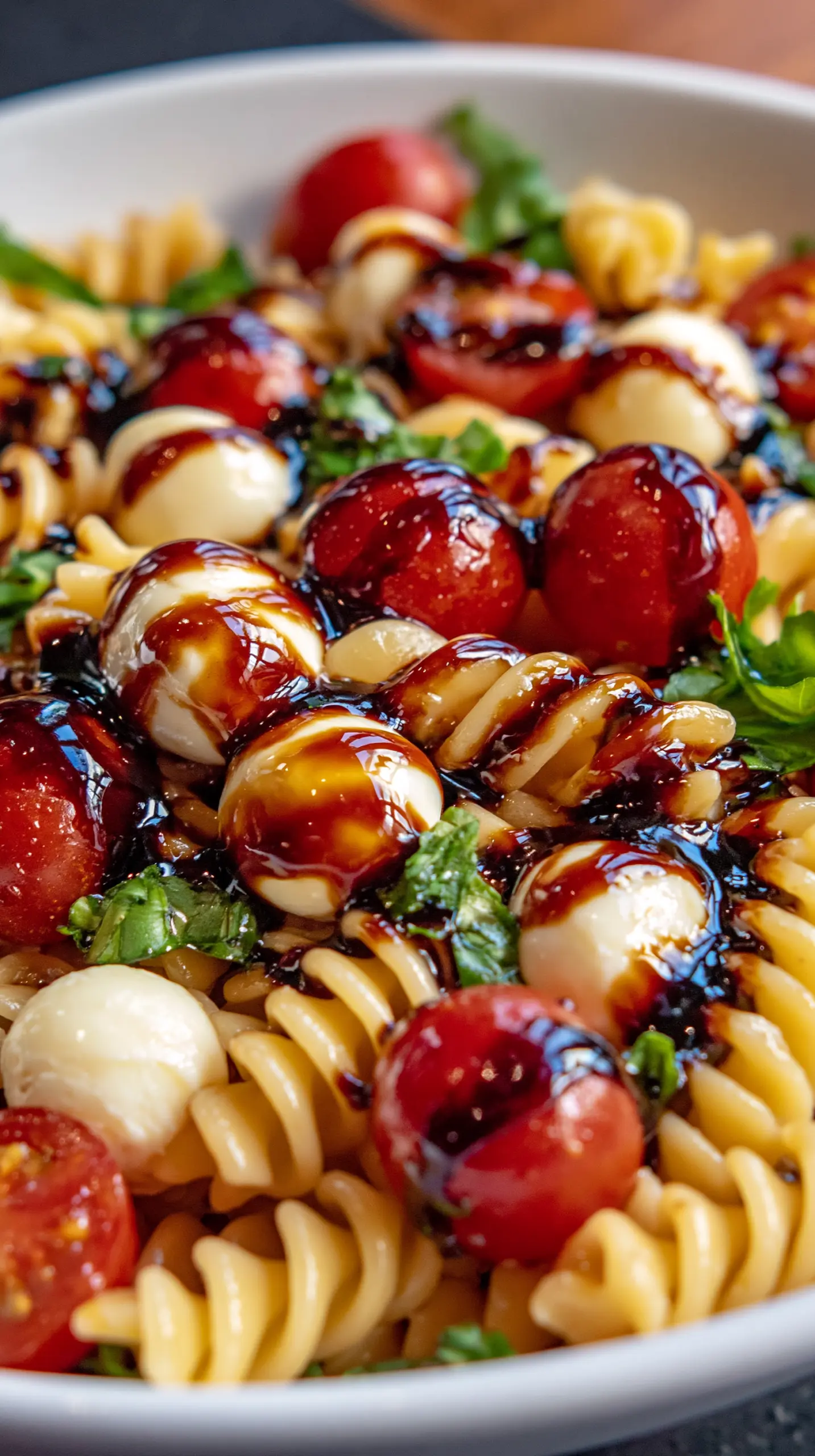 Serving suggestion for Easy Caprese Pasta Salad with Balsamic Glaze — Caprese pasta salad