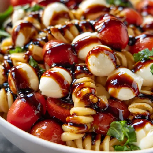 Easy Caprese Pasta Salad with Balsamic Glaze — homemade Caprese pasta salad recipe