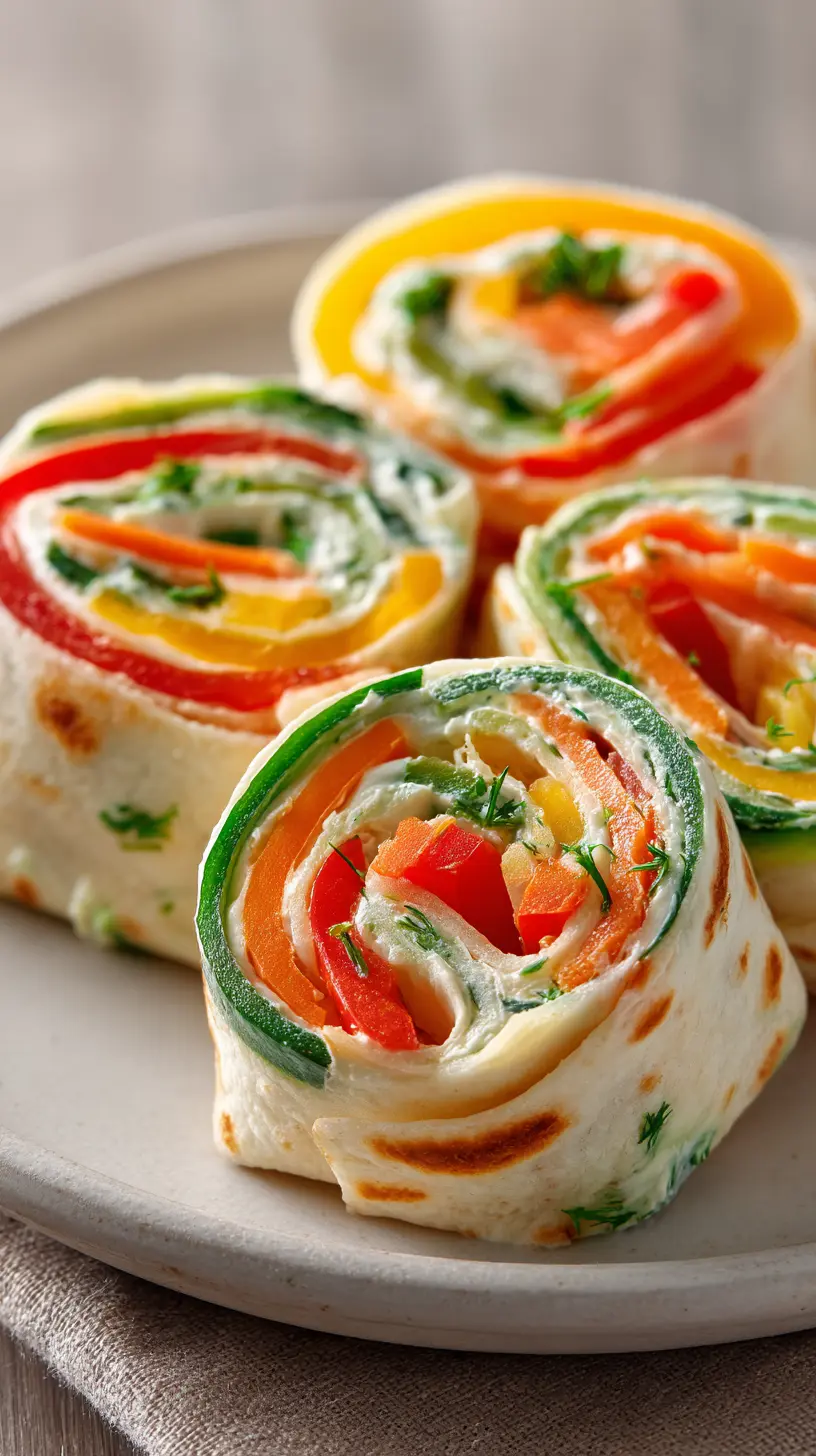 Serving suggestion for Easy Vegetable Tortilla Roll-Ups (Party Appetizer) — vegetable tortilla roll-ups