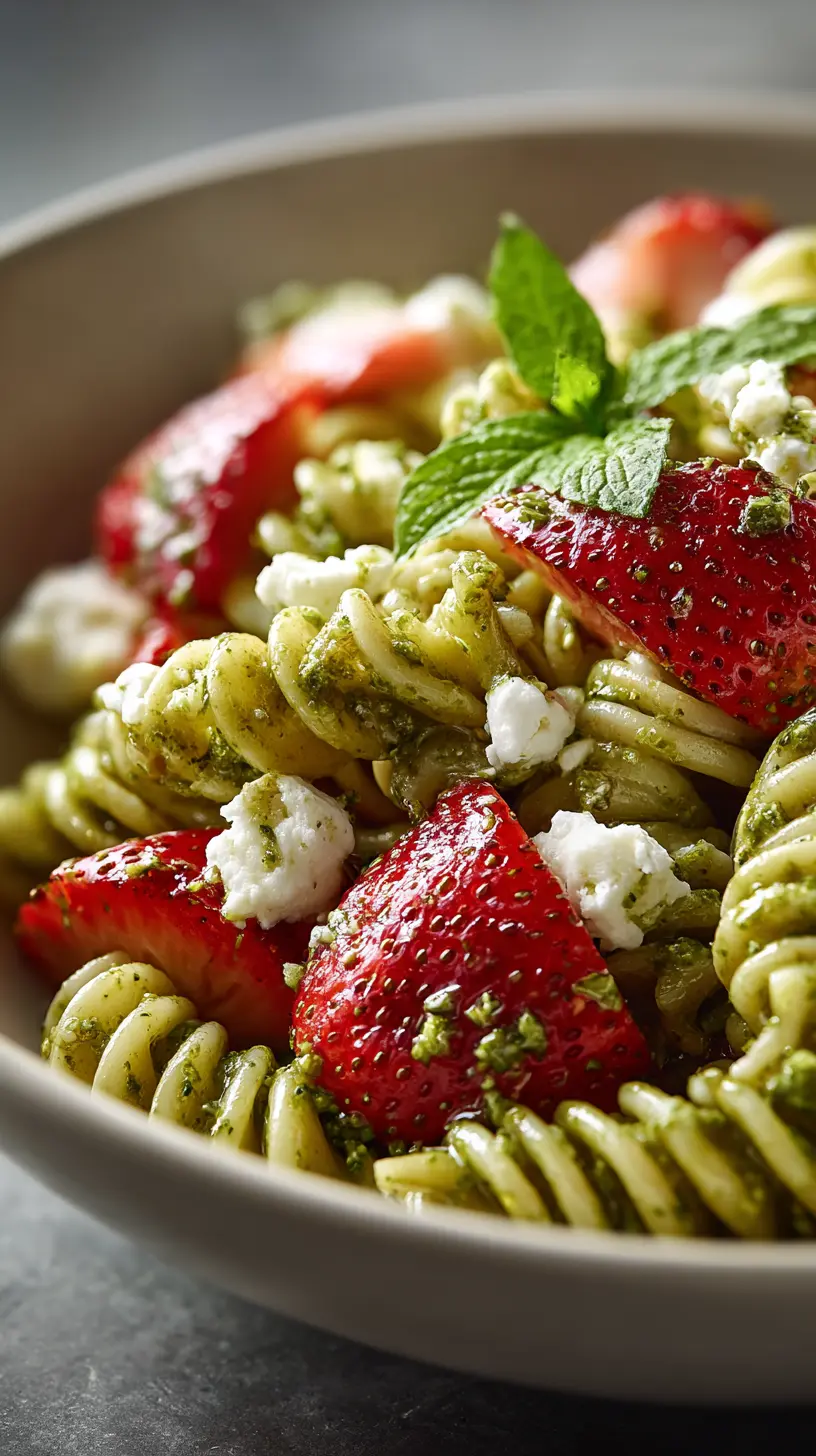 Serving suggestion for Pesto Strawberry and Goat Cheese Pasta Salad — Pesto Strawberry and Goat Cheese Pasta Salad