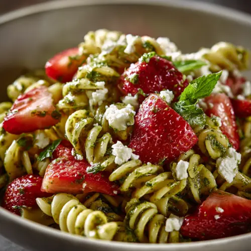 Pesto Strawberry and Goat Cheese Pasta Salad — homemade Pesto Strawberry and Goat Cheese Pasta Salad recipe
