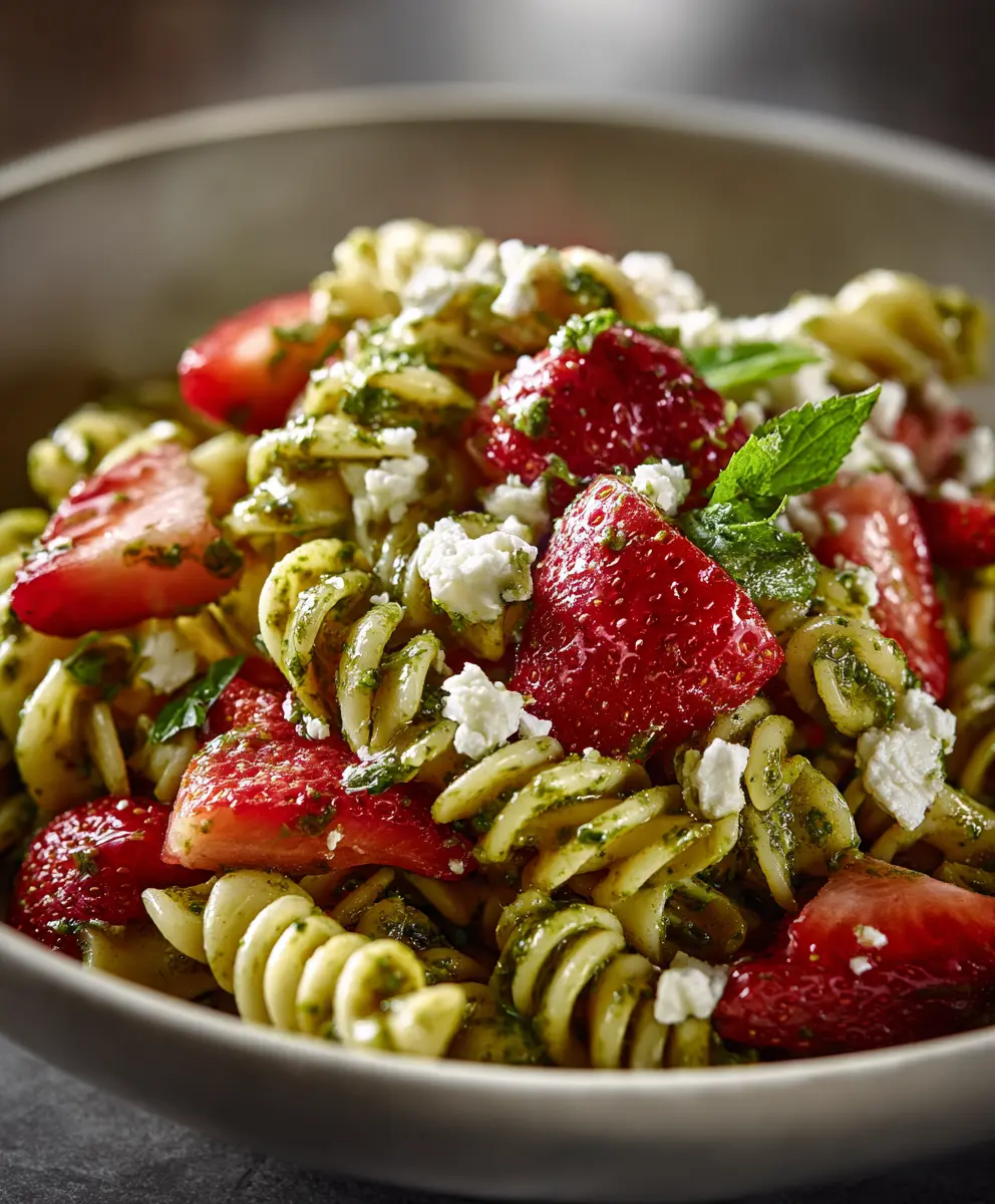 Pesto Strawberry and Goat Cheese Pasta Salad — homemade Pesto Strawberry and Goat Cheese Pasta Salad recipe
