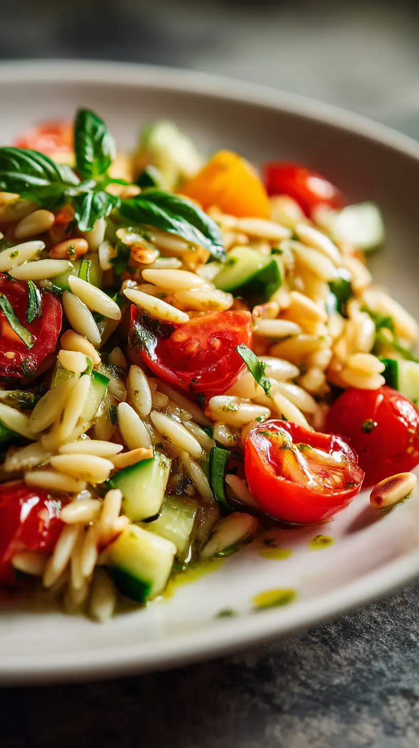 Serving suggestion for Quick & Easy Summer Pesto Orzo Salad — pesto orzo salad