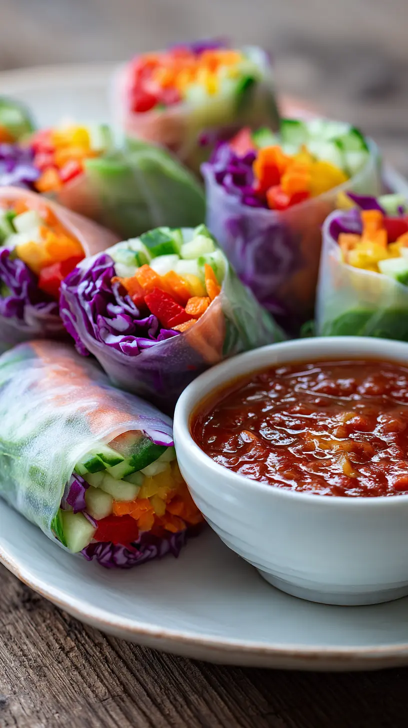 Serving suggestion for Rainbow Vegetable Spring Rolls with Spicy Sriracha-Mayo Delight — rainbow vegetable spring rolls