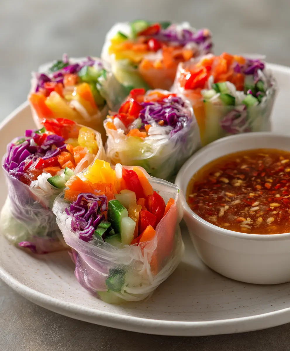 Rainbow Vegetable Spring Rolls with Spicy Sriracha-Mayo Delight — homemade rainbow vegetable spring rolls recipe