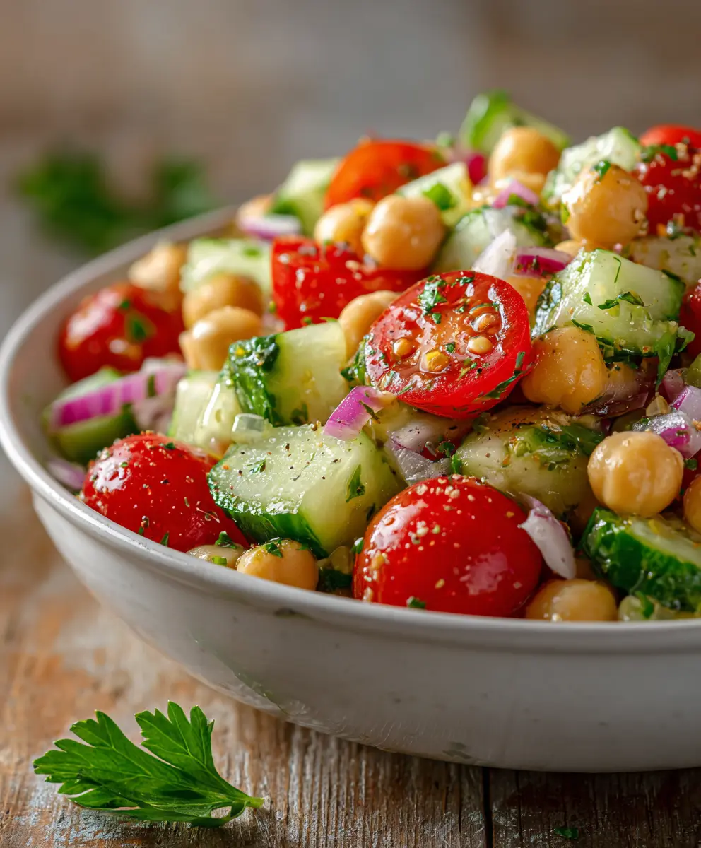 Refreshing Cucumber & Tomato Chickpea Salad — homemade Cucumber Tomato Chickpea Salad recipe