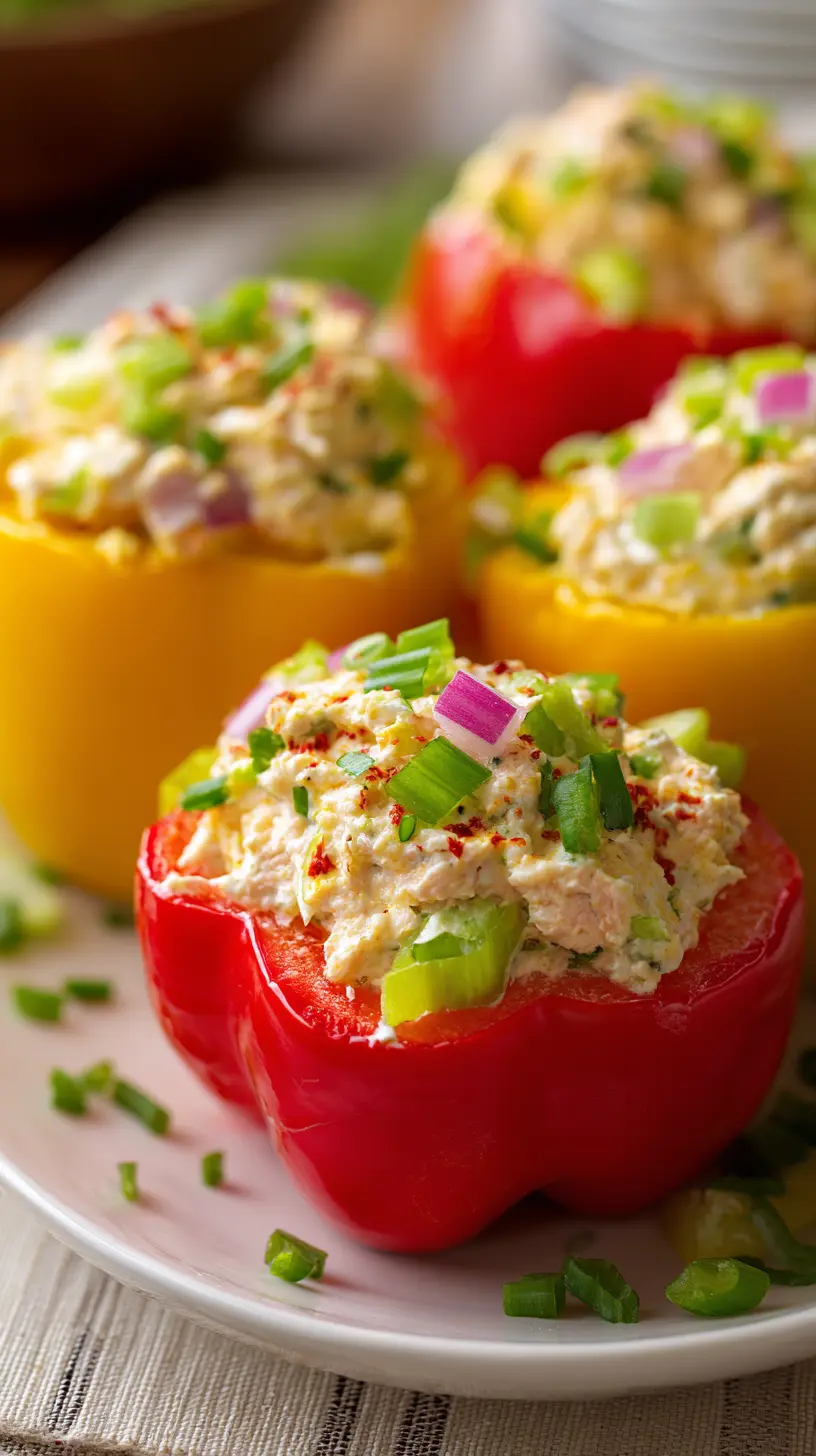 Serving suggestion for 10-Minute Low Calorie Tuna Salad Stuffed Peppers — tuna salad stuffed peppers