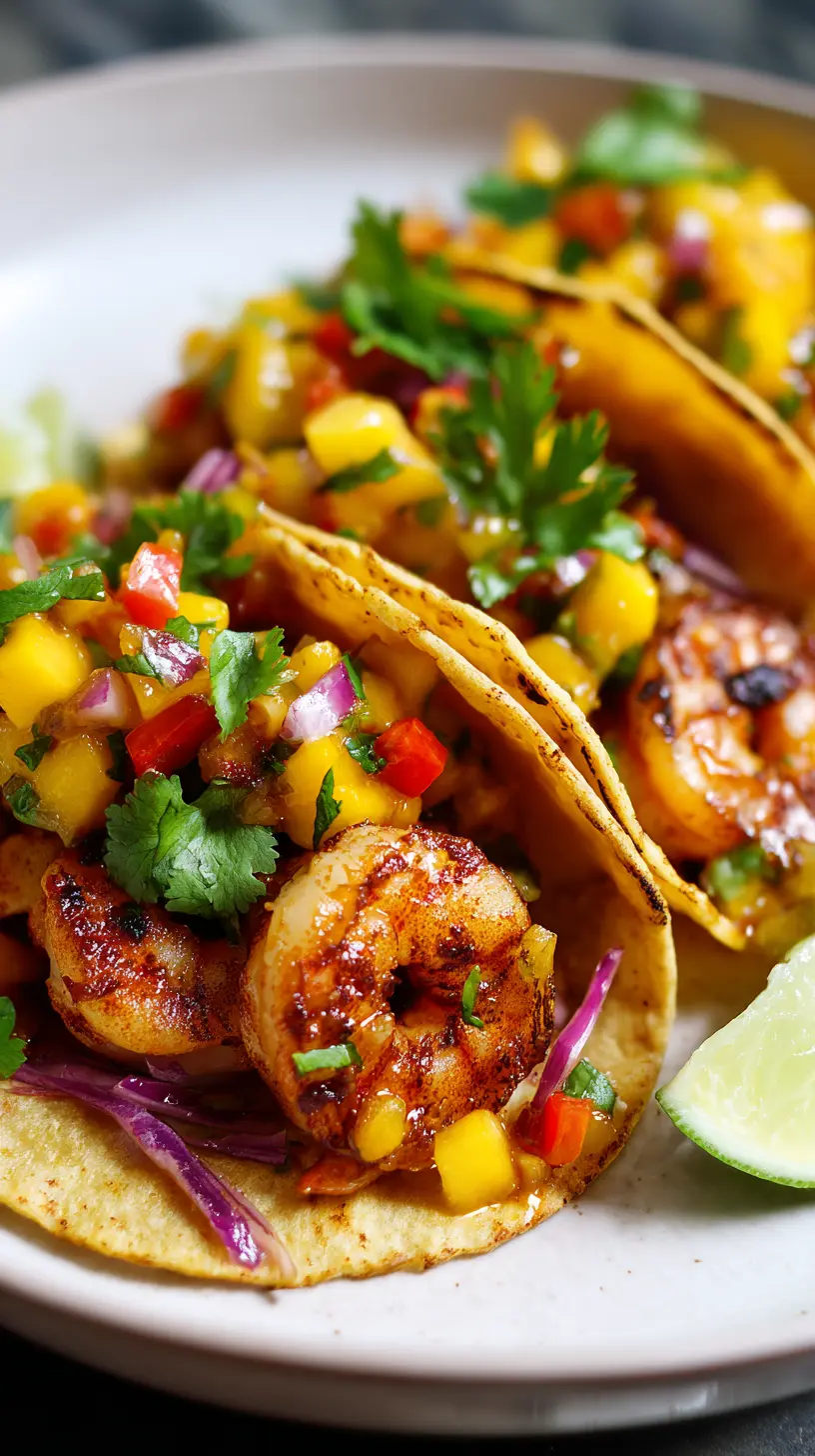 Serving suggestion for 15-Minute High Protein Shrimp Tacos with Mango Salsa — high protein shrimp tacos