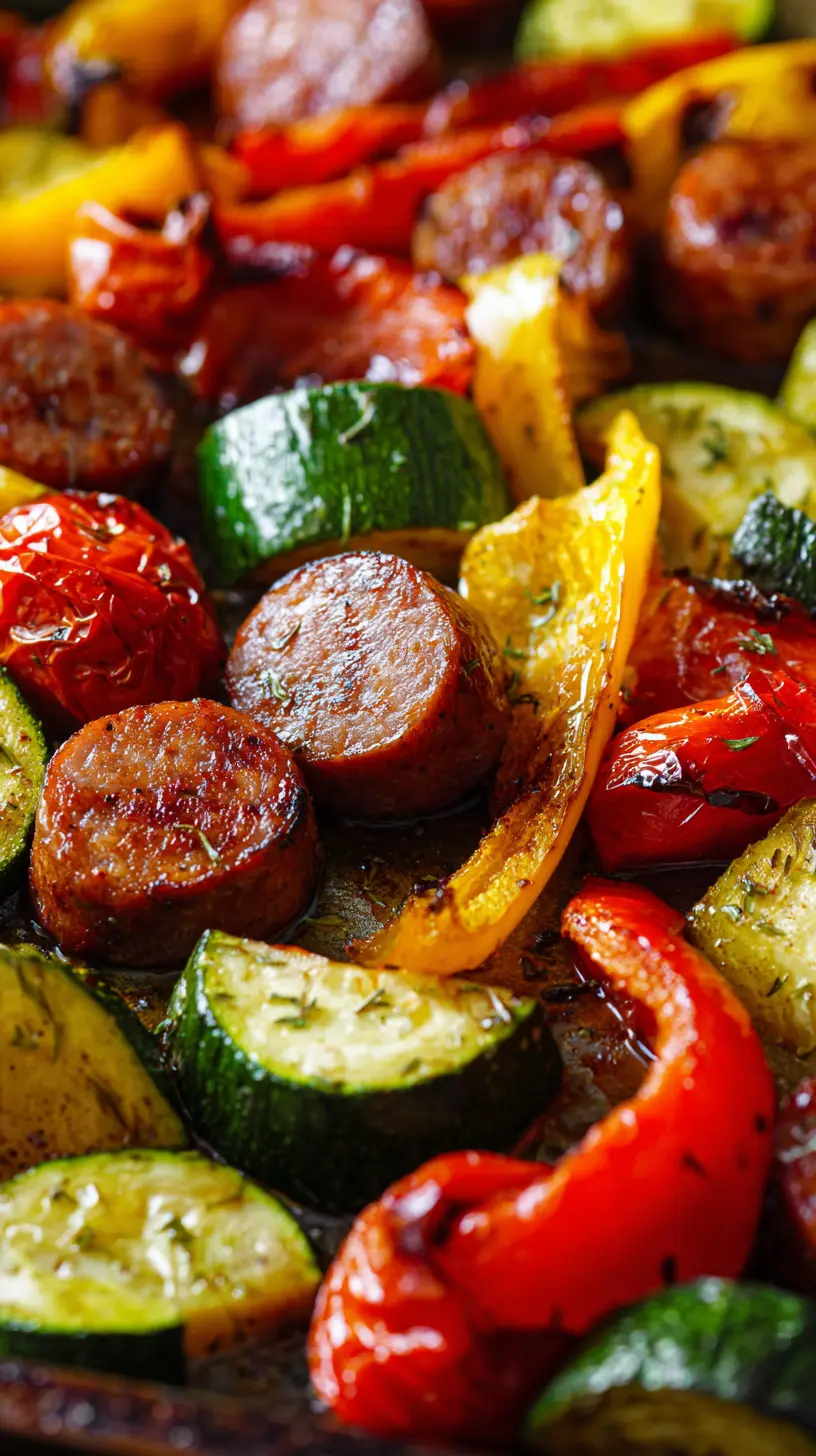 Serving suggestion for 20-Minute Sheet Pan Summer Vegetables and Beef Sausage — sheet pan sausage and veggies