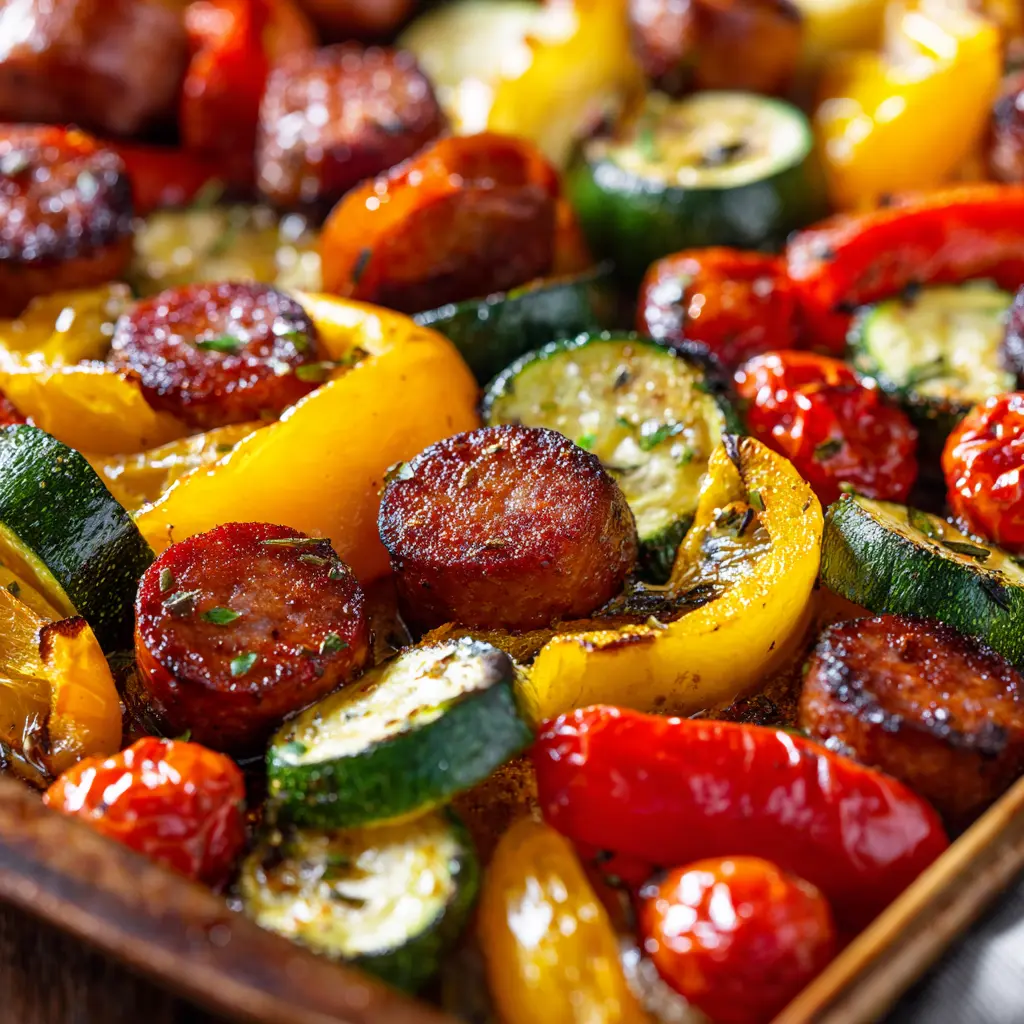 20-Minute Sheet Pan Summer Vegetables and Beef Sausage — homemade sheet pan sausage and veggies recipe