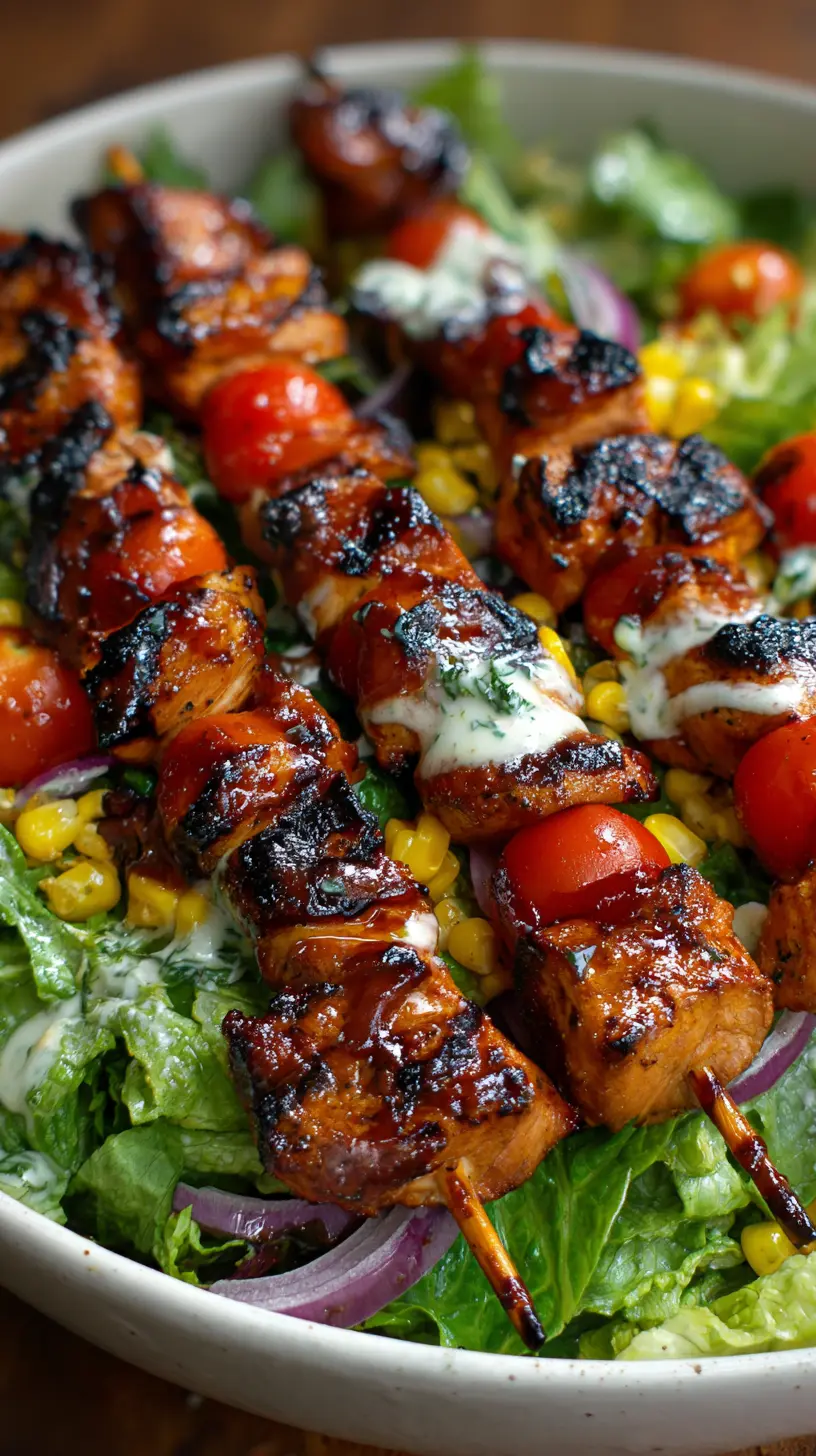Serving suggestion for BBQ Chicken Skewer Salad — BBQ Chicken Skewer Salad