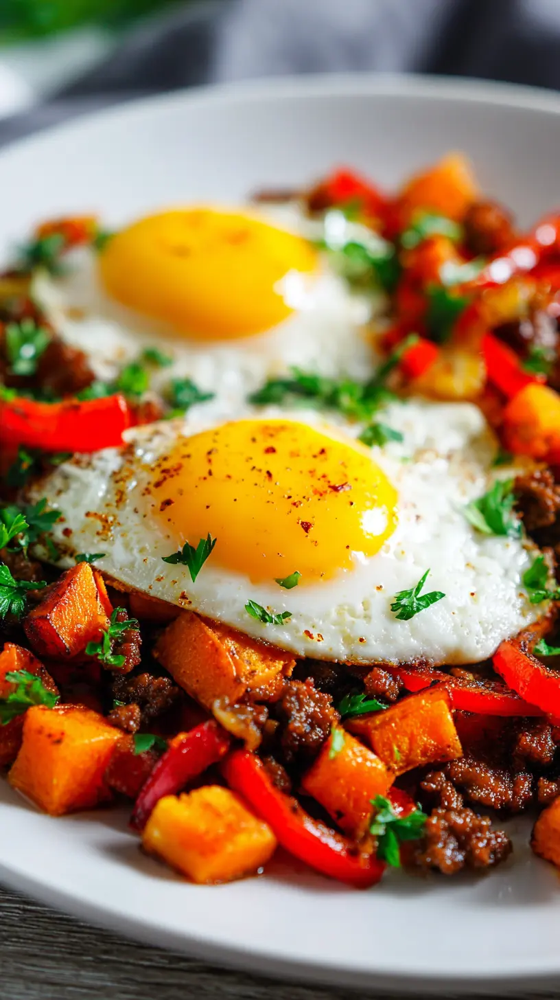 Serving suggestion for Easy Healthy Breakfast Sweet Potato and Beef Hash — sweet potato and beef hash