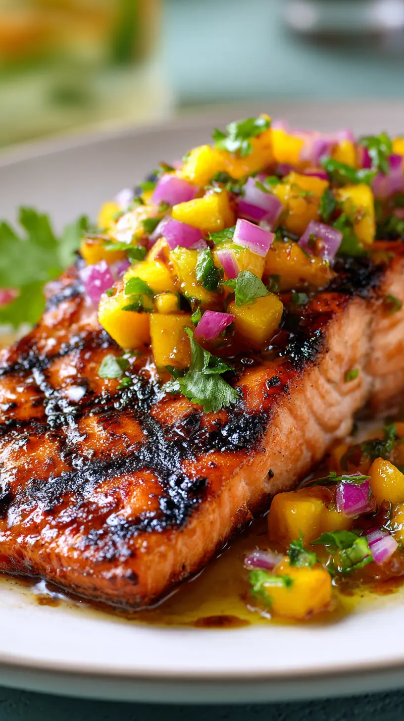 Easy Summer Grilled Salmon with Mango Salsa Serving suggestion for Easy Summer Grilled Salmon with Mango Salsa — grilled salmon with mango salsa