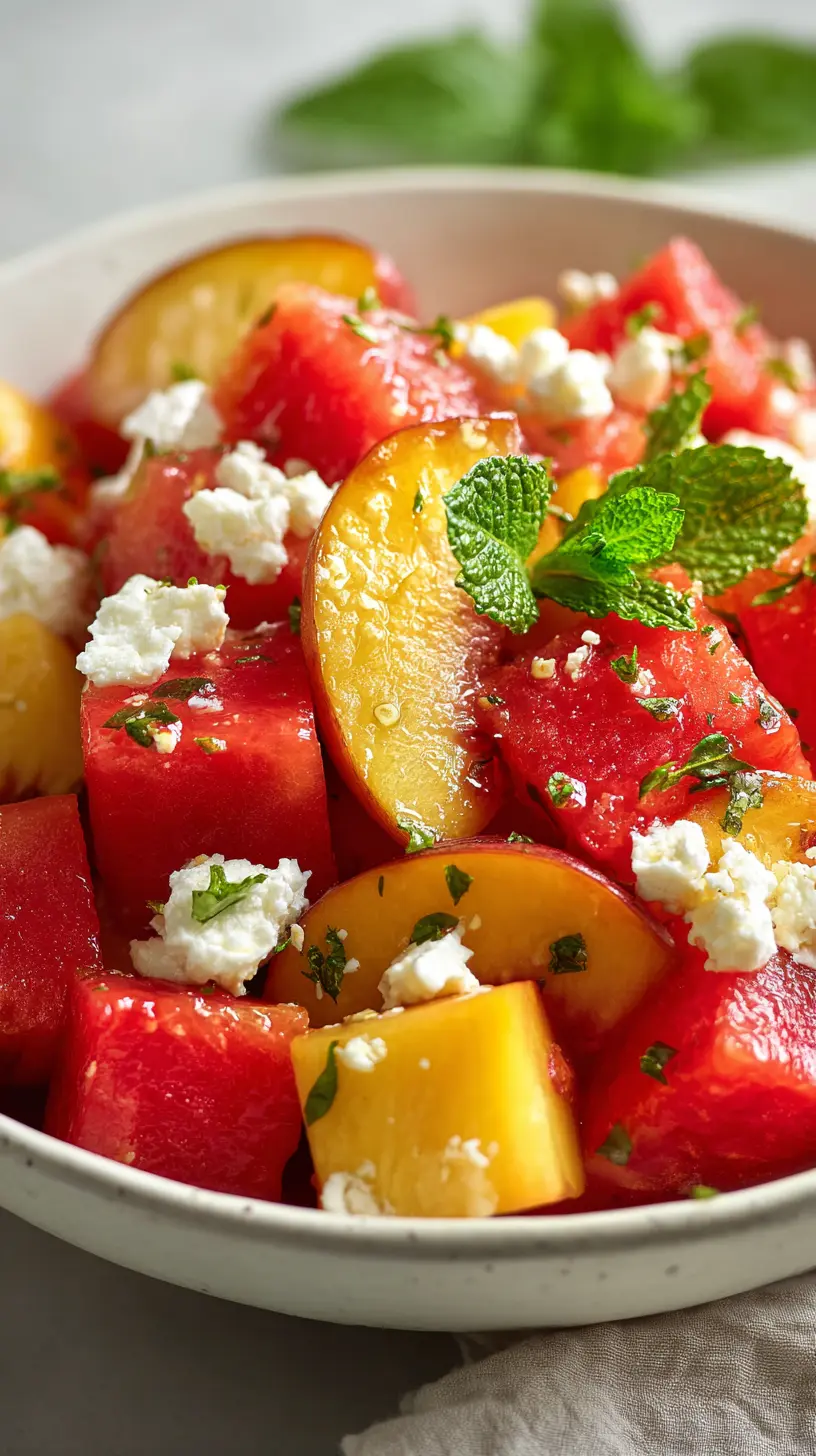 Serving suggestion for Easy Summer Peach Watermelon Salad — peach watermelon salad