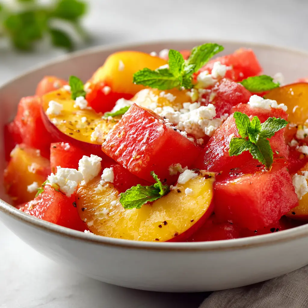 Easy Summer Peach Watermelon Salad — homemade peach watermelon salad recipe