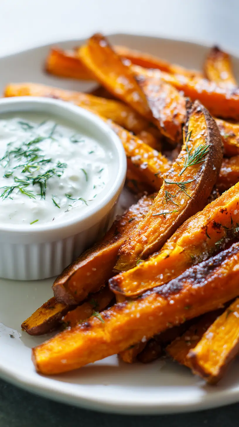 Healthy Baked Sweet Potato Fries with Garlic Yogurt Dip Serving suggestion for Healthy Baked Sweet Potato Fries with Garlic Yogurt Dip — healthy baked sweet potato fries