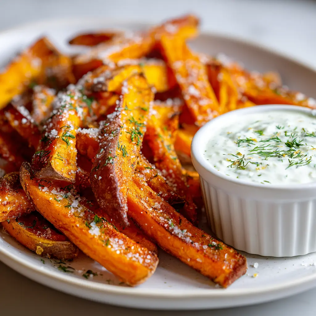 Healthy Baked Sweet Potato Fries with Garlic Yogurt Dip — homemade healthy baked sweet potato fries recipe