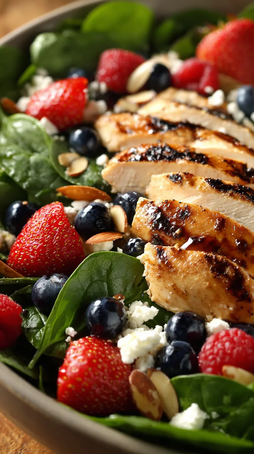 Healthy Summer Berry and Spinach Salad with Grilled Chicken Serving suggestion for Healthy Summer Berry and Spinach Salad with Grilled Chicken — Summer Berry and Spinach Salad