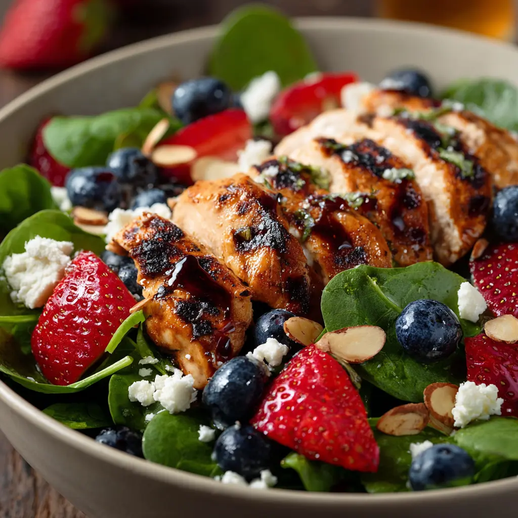Healthy Summer Berry and Spinach Salad with Grilled Chicken — homemade summer berry and spinach salad recipe