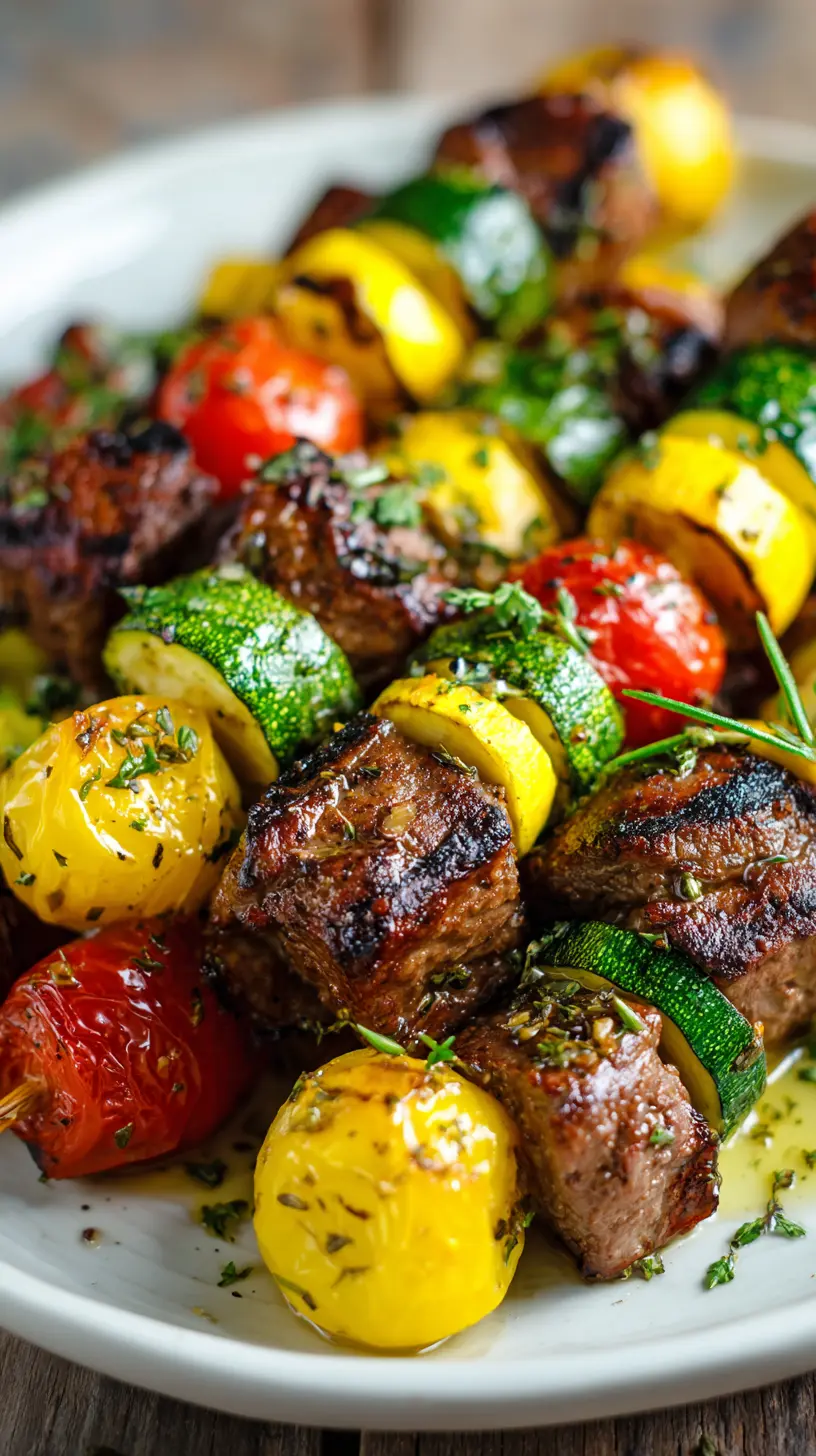 Healthy Summer Squash and Grilled Beef Skewers Serving suggestion for Healthy Summer Squash and Grilled Beef Skewers — grilled beef skewers