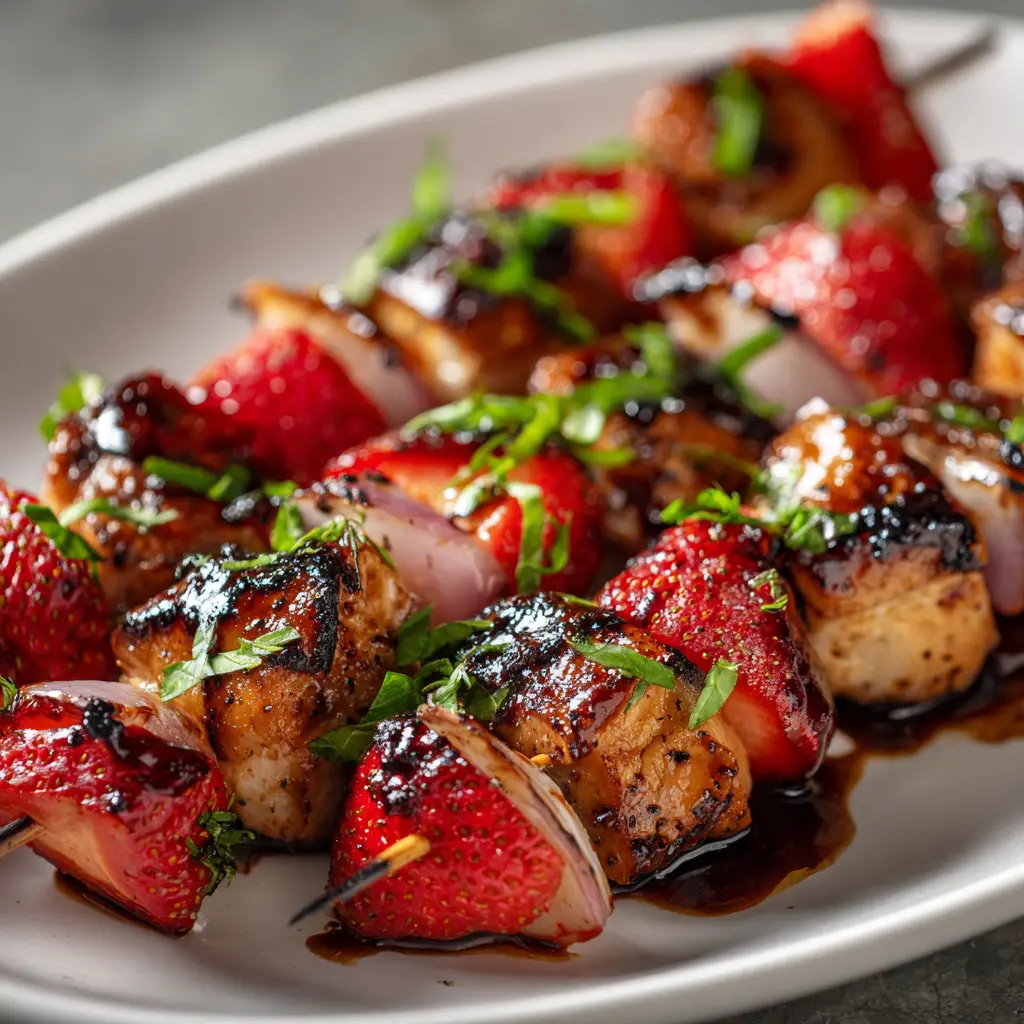 Low Calorie Strawberry Balsamic Chicken Skewers — homemade strawberry balsamic chicken skewers recipe