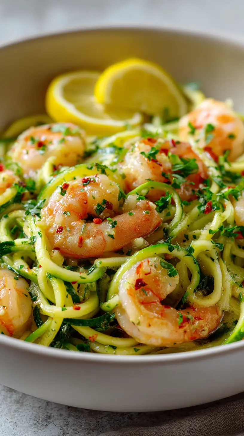 Serving suggestion for Low Calorie Zucchini Noodles with Garlic Shrimp — garlic shrimp zucchini noodles