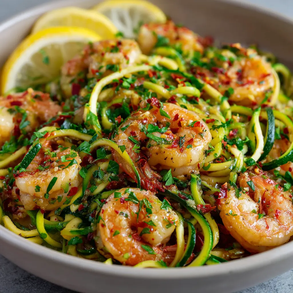 Low Calorie Zucchini Noodles with Garlic Shrimp — homemade garlic shrimp zucchini noodles recipe