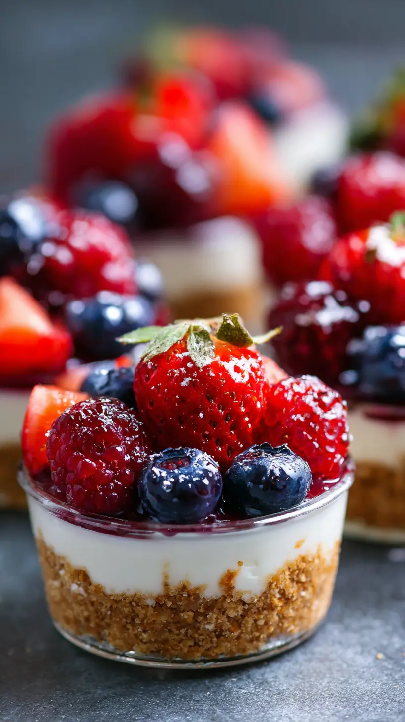No-Bake Summer Berry Protein Cheesecake Cups Serving suggestion for No-Bake Summer Berry Protein Cheesecake Cups — protein cheesecake cups