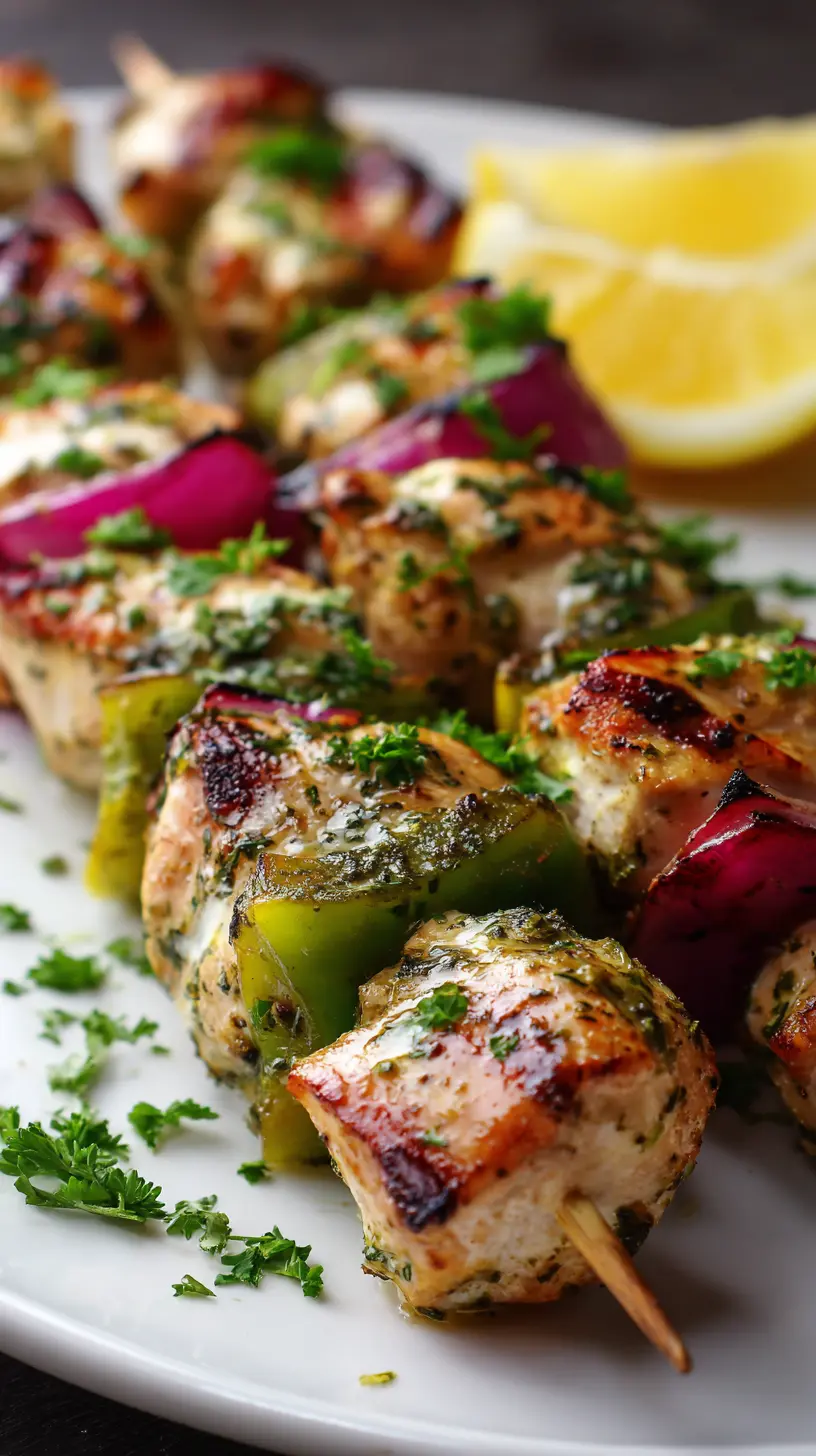 Serving suggestion for Quick Healthy Greek Chicken Souvlaki Skewers — Greek chicken souvlaki skewers