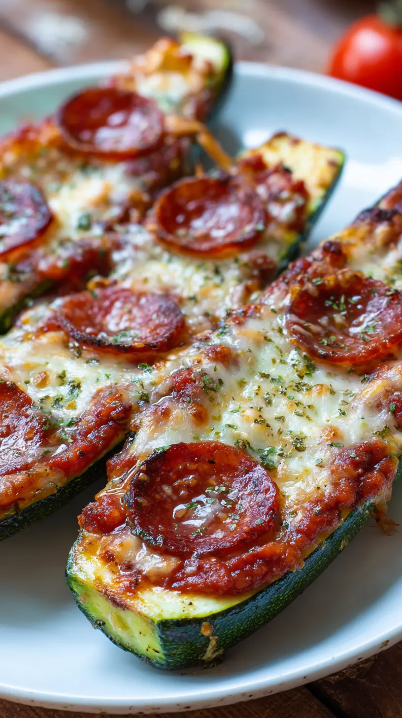 Quick Low Calorie Zucchini Boat Pizzas with Turkey Pepperoni Serving suggestion for Quick Low Calorie Zucchini Boat Pizzas with Turkey Pepperoni — low calorie zucchini boat pizzas