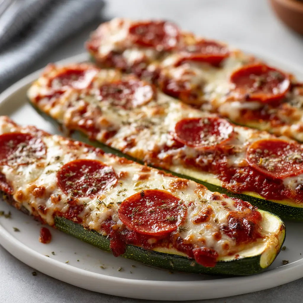 Quick Low Calorie Zucchini Boat Pizzas with Turkey Pepperoni — homemade low calorie zucchini boat pizzas recipe