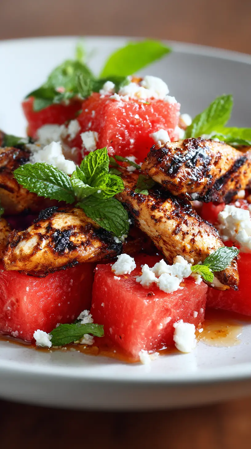 Serving suggestion for Quick Summer Grilled Chicken and Watermelon Salad — grilled chicken and watermelon salad