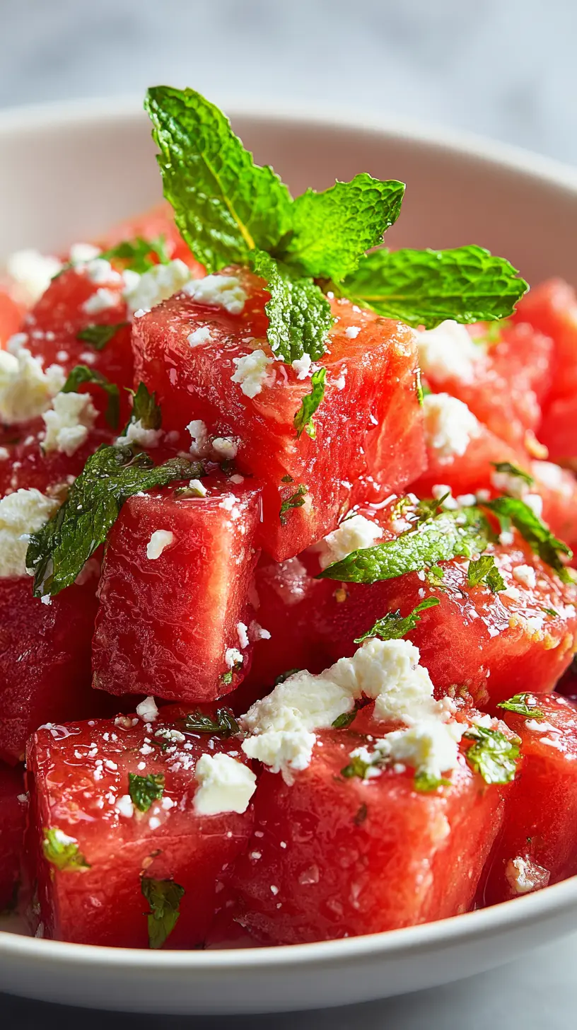 Quick Summer Watermelon Feta Mint Salad Serving suggestion for Quick Summer Watermelon Feta Mint Salad — watermelon feta mint salad