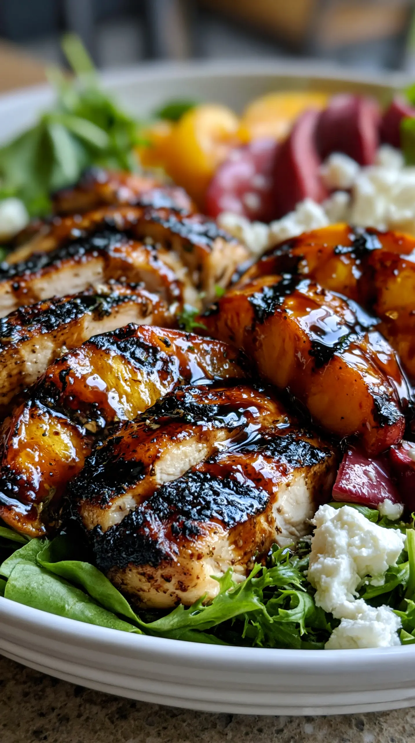 20 Minute Summer Grilled Peach and Chicken Salad Serving suggestion for 20 Minute Summer Grilled Peach and Chicken Salad — grilled peach and chicken salad