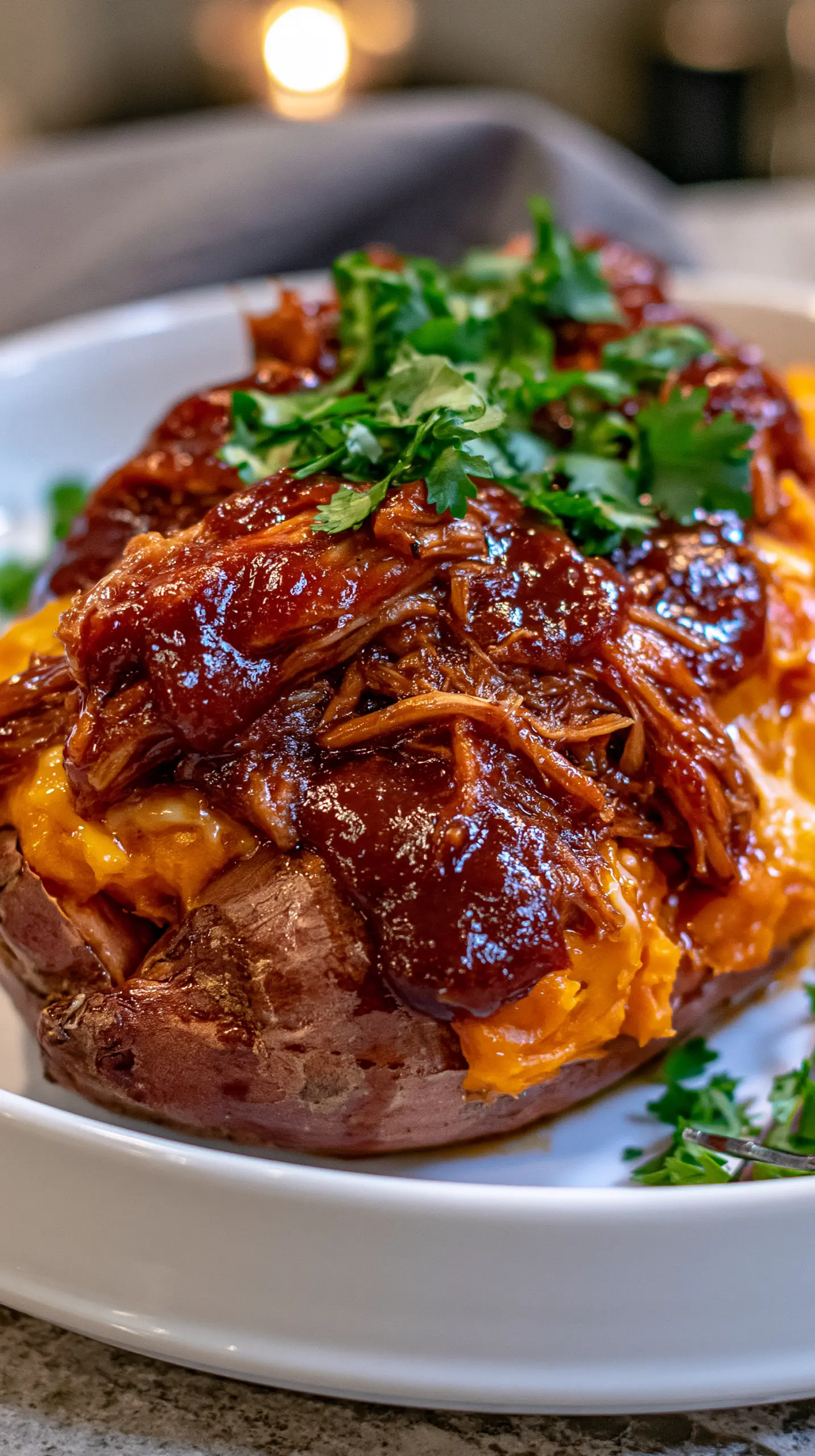 BBQ Pulled Chicken Loaded Baked Sweet Potatoes Serving suggestion for BBQ Pulled Chicken Loaded Baked Sweet Potatoes — BBQ pulled chicken loaded baked sweet potatoes