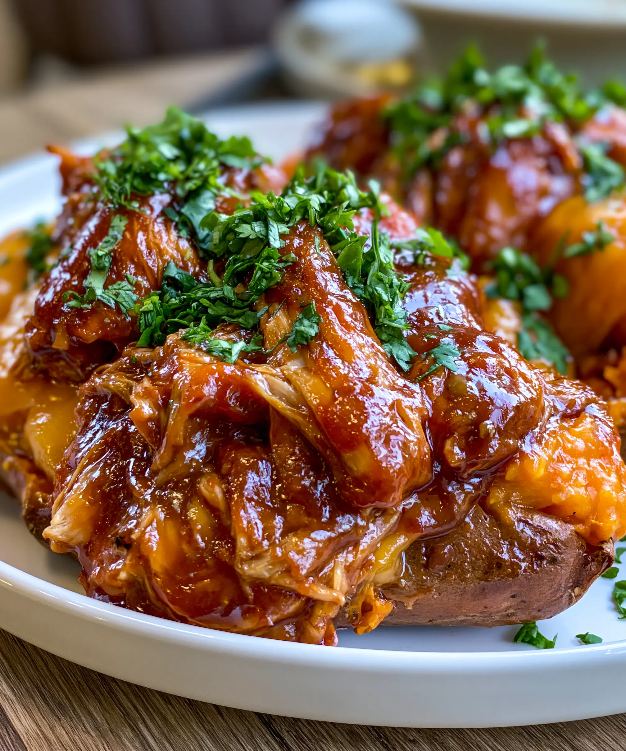 BBQ Pulled Chicken Loaded Baked Sweet Potatoes — homemade BBQ pulled chicken loaded baked sweet potatoes recipe