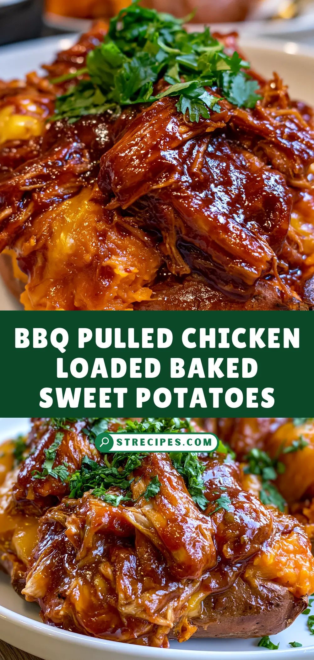 BBQ Pulled Chicken Loaded Baked Sweet Potatoes BBQ Pulled Chicken Loaded Baked Sweet Potatoes — homemade BBQ pulled chicken loaded baked sweet potatoes recipe